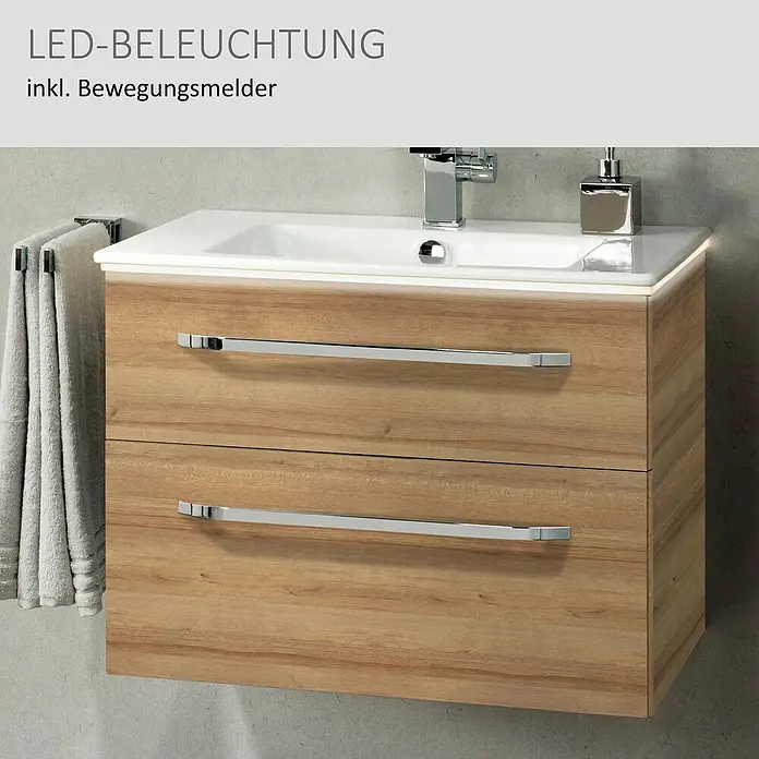 Camargue Star Waschtischunterschrank - 70 x 49 x 53 cm, Berg Eiche, Mit Beleuchtung - Wandhängender Waschtischunterschrank in heller Holzoptik mit weißem Becken, zwei Schubladen und LED-Beleuchtung inkl. Bewegungsmelder.