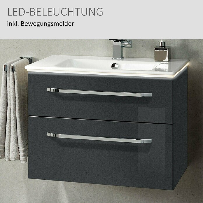 Camargue Star Waschtischunterschrank (47 x 70 x 52 cm, Mit Beleuchtung, Grafit, Hochglanz)