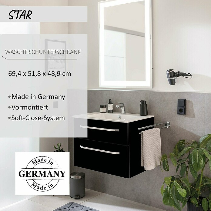 Camargue Star Waschtischunterschrank (69,4 x 48,9 x 51,8 cm, Schwarz, Ohne Beleuchtung) | BAUHAUS
