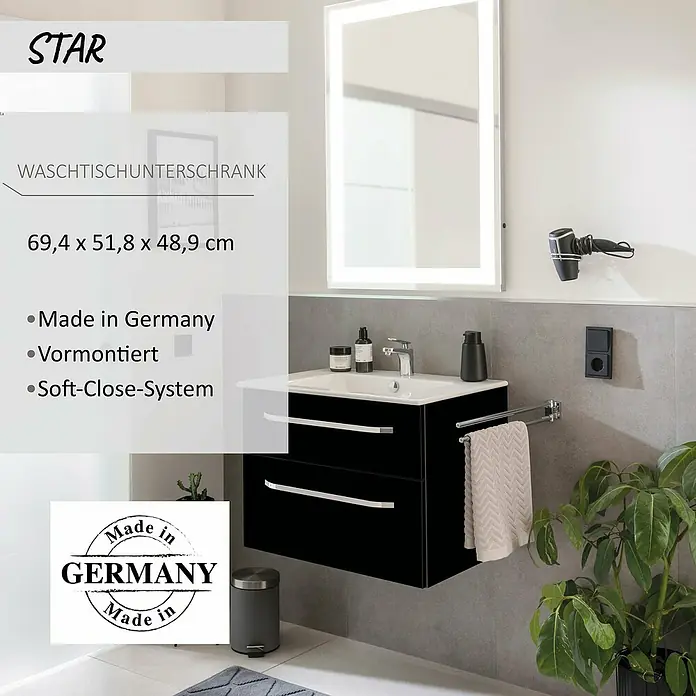 Camargue Star Waschtischunterschrank - 69,4 x 48,9 x 51,8 cm, Schwarz, Ohne Beleuchtung - Schwarzer Bad-Waschtischunterschrank mit weißem Becken, vormontiert, Soft-Close, Made in Germany. Maße: 69,4x51,8x48,9cm.