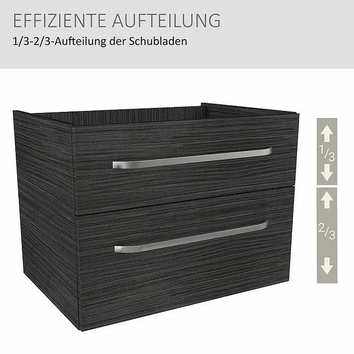 Camargue Star Waschtischunterschrank - 70 x 49 x 53 cm, Dark Oak, Mit Beleuchtung - Dunkelgrauer Waschtischunterschrank mit Holzmaserung und zwei Schubladen in 1/3-2/3-Aufteilung, silberne Griffe.