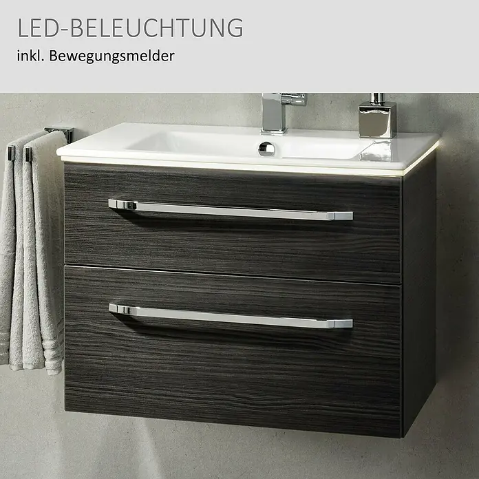 Camargue Star Waschtischunterschrank - 70 x 49 x 53 cm, Dark Oak, Mit Beleuchtung - Waschtischunterschrank in dunkler Holzoptik mit weißem Becken, LED-Beleuchtung & Bewegungsmelder. Zwei Schubladen mit Chromgriffen.