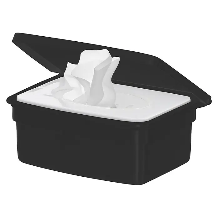Camargue Paris Black Feuchttücher-Box - L x B x H: 15,3 x 17 x 8 cm, Edelstahl, Schwarz - Schwarzer Feuchttuchspender mit weißem Deckel, offen mit herausgezogenen weißen Tüchern.