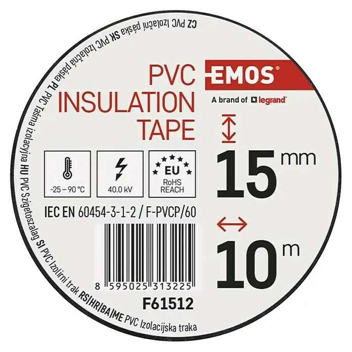 Emos Isolierband F61512 - Schwarz, L x B: 10 m x 15 mm - PVC-Isolierbandetikett, Marke EMOS, 15mm breit, 10m lang, für -25-90°C und 40kV.