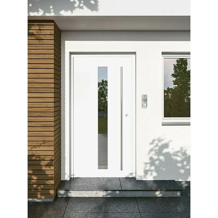 Siedle Türsprechanlage Compact SET CA 812-4 E/W - 4 Personen-Haushalt, Weiß, Silber - Moderne weiße Eingangstür mit vertikalem Glaseinsatz und langem Griff, Teil eines zeitgenössischen Hauseingangs mit Gegensprechanlage.