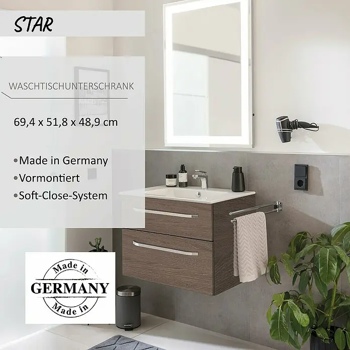 Camargue Star Waschtischunterschrank - 69,4 x 48,9 x 51,8 cm, Eiche Maron, Ohne Beleuchtung - Moderner brauner Waschtischunterschrank in Holzoptik mit zwei Schubladen und integriertem weißen Waschbecken, unter einem beleuchteten Spiegel.
