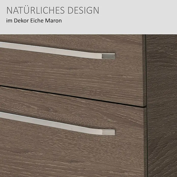 Camargue Star Waschtischunterschrank - 69,4 x 48,9 x 51,8 cm, Eiche Maron, Ohne Beleuchtung - Nahaufnahme einer Kommode im Dekor Eiche Maron mit Metallgriffen.