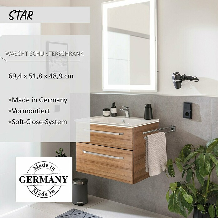 Camargue Star Waschtischunterschrank (47 x 70 x 52 cm, Mit Beleuchtung, Berg Eiche, Matt)
