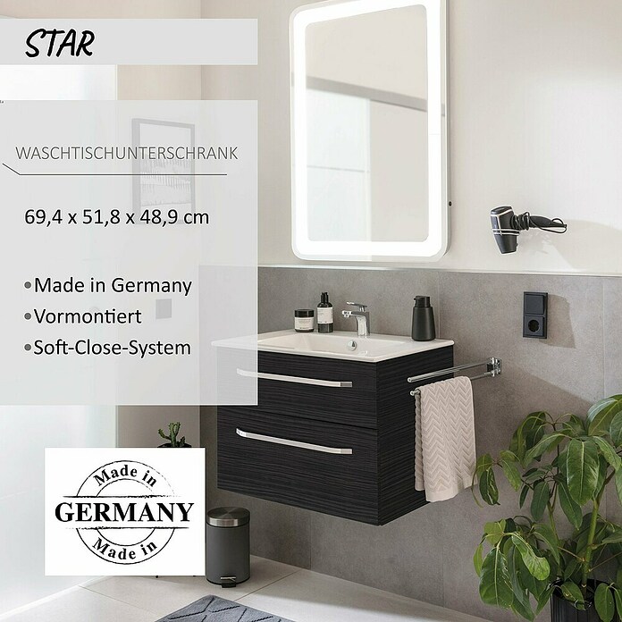 Camargue Star Waschtischunterschrank (47 x 70 x 52 cm, Ohne Beleuchtung, Darkoak, Matt)