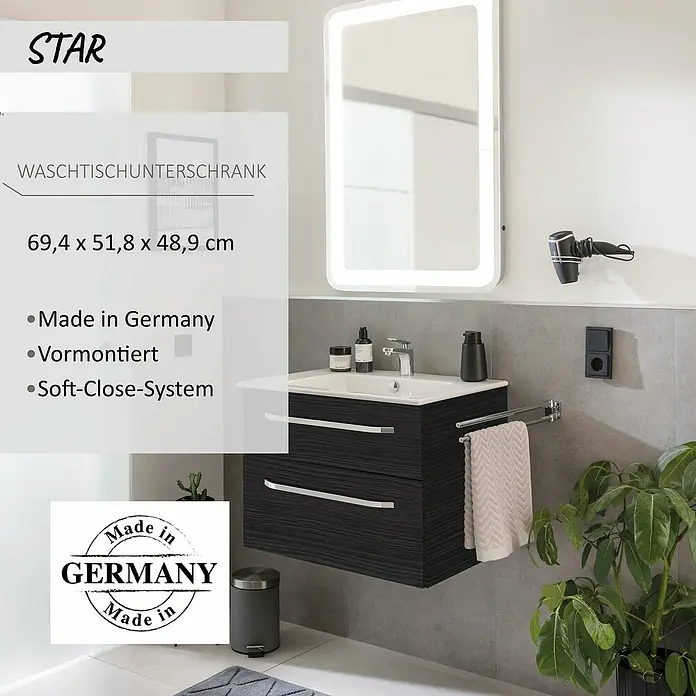 Camargue Star Waschtischunterschrank - 69,4 x 48,9 x 51,8 cm, Dark Oak, Ohne Beleuchtung - Dunkler, wandhängender Waschtischunterschrank mit Holzmaserung, weißem Becken, Chromgriffen und Handtuchhalter, in modernem Badezimmer.