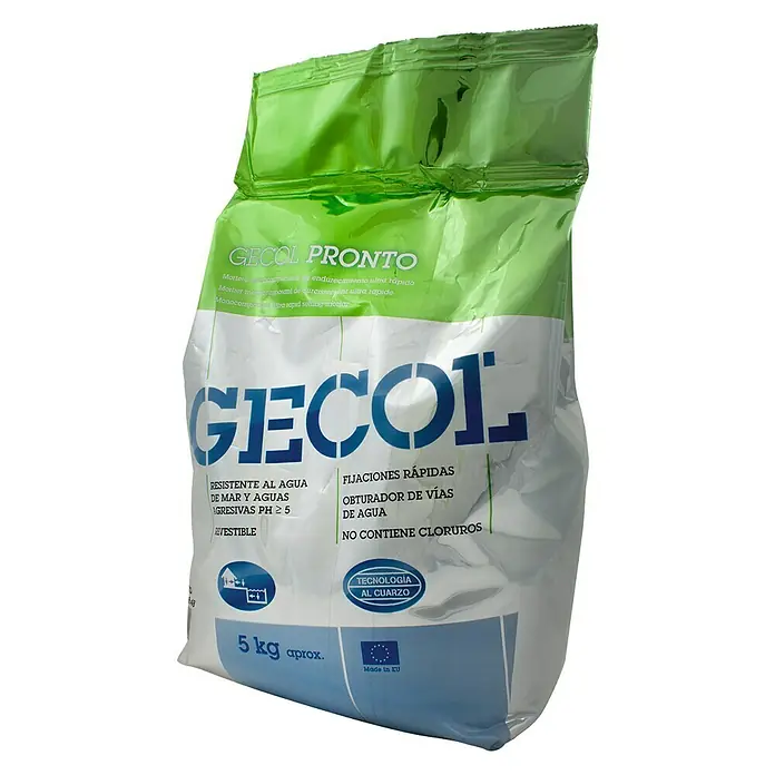 Gecol Mortero de reparación rápida Pronto - 5 kg - Un saco de mortero de cemento de fraguado rápido GECOL Pronto, ideal para reparaciones y fijaciones rápidas en la construcción.