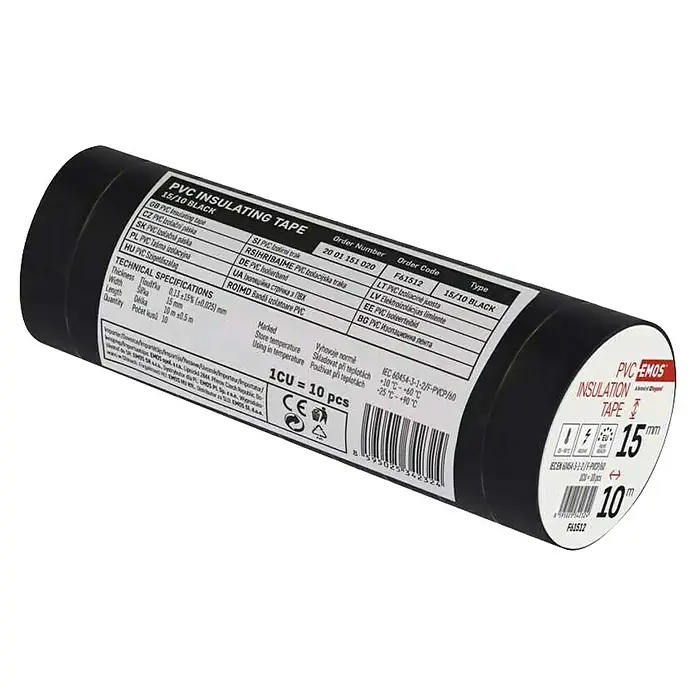 Emos Isolierband F61512 - Schwarz, L x B: 10 m x 15 mm - Schwarzes PVC-Isolierband, 15mm breit und 10m lang.
