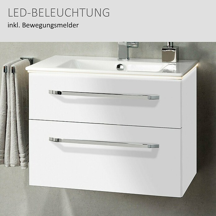 Camargue Star Waschtischunterschrank (47 x 70 x 52 cm, Mit Beleuchtung, Weiß, Hochglanz)