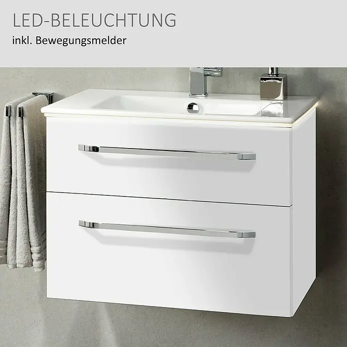Camargue Star Waschtischunterschrank - 70 x 49 x 53 cm, Weiß, Mit Beleuchtung - Weißer Badunterschrank mit integriertem Waschbecken, zwei Schubladen mit Chromgriffen und LED-Beleuchtung mit Bewegungsmelder.