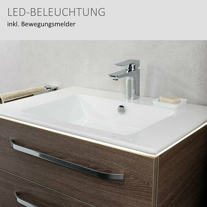 Camargue Star Waschtischunterschrank (47 x 70 x 52 cm, Mit Beleuchtung, Eiche Maron, Matt)
