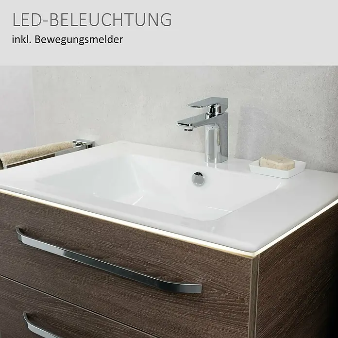 Camargue Star Waschtischunterschrank - 70 x 49 x 53 cm, Eiche Maron, Mit Beleuchtung - Dunkler Waschtischunterschrank mit weißem Waschbecken, Chromarmatur und integrierter LED-Beleuchtung inkl. Bewegungsmelder.