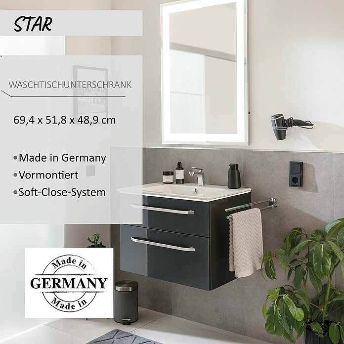 Camargue Star Waschtischunterschrank (47 x 70 x 52 cm, Mit Beleuchtung, Grafit, Hochglanz)