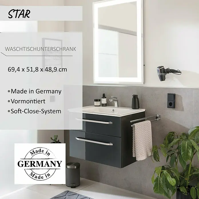 Camargue Star Waschtischunterschrank - 69,4 x 48,9 x 51,8 cm, Grafit, Ohne Beleuchtung - STAR anthrazitfarbener Waschtischunterschrank mit weißem Waschbecken und zwei Soft-Close-Schubladen im Bad.