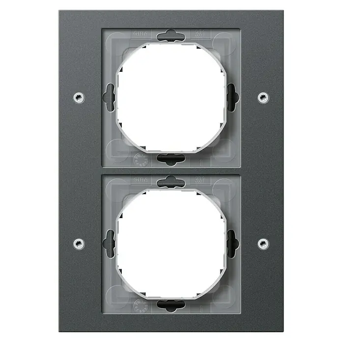 Gira Abdeckrahmen TX_44 021267 - Anthrazit, Ausführung Schalterprogramm: 2-fach, Kunststoff, Klemmen - Dunkelgrauer, gekörnter Doppelrahmen für Schalter oder Steckdosen, mit sichtbaren Befestigungsschrauben und Torx-Antrieb.