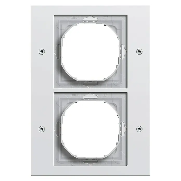 Gira Abdeckrahmen TX_44 021266 - Weiß, Ausführung Schalterprogramm: 2-fach, Kunststoff, Klemmen - Weiße Doppel-Abdeckplatte für Elektroinstallationen mit zwei modularen Öffnungen und sichtbaren Befestigungsschrauben.