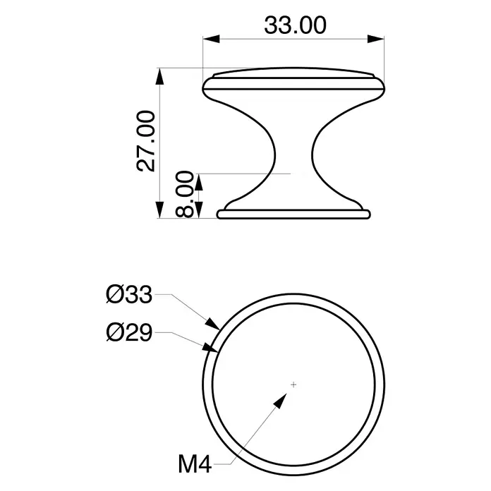 Rei Möbelknopf - Typ Möbelgriff: Knopf, Ø x H: 33 x 27 mm, Weiß - Technische Zeichnung eines sanduhrförmigen Knaufs: 27 mm hoch, 33 mm Kopfdurchmesser, 29 mm Basis, M4-Gewinde.