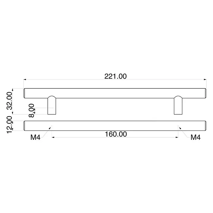 Rei Möbelgriff - Lochabstand: 160 mm, Stahl, Schwarz, Rund, L x B x H: 220 x 12 x 32 mm - Technisches Zeichnung eines modernen Möbelgriffs, 221mm lang, 160mm Lochabstand, 12mm Stärke, M4 Befestigung.