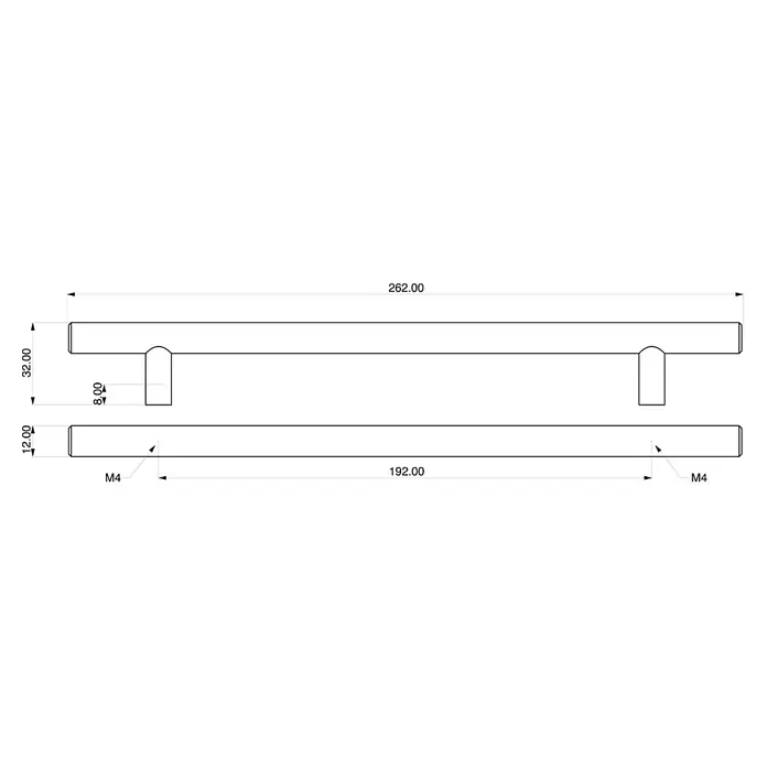 Rei Möbelgriff - Lochabstand: 192 mm, Stahl, Schwarz, Rund, L x B x H: 260 x 12 x 32 mm - Technische Zeichnung eines rechteckigen Möbelgriffs: 262mm Gesamtlänge, 192mm Lochabstand, 32mm Höhe, 12mm Tiefe, M4 Schrauben.