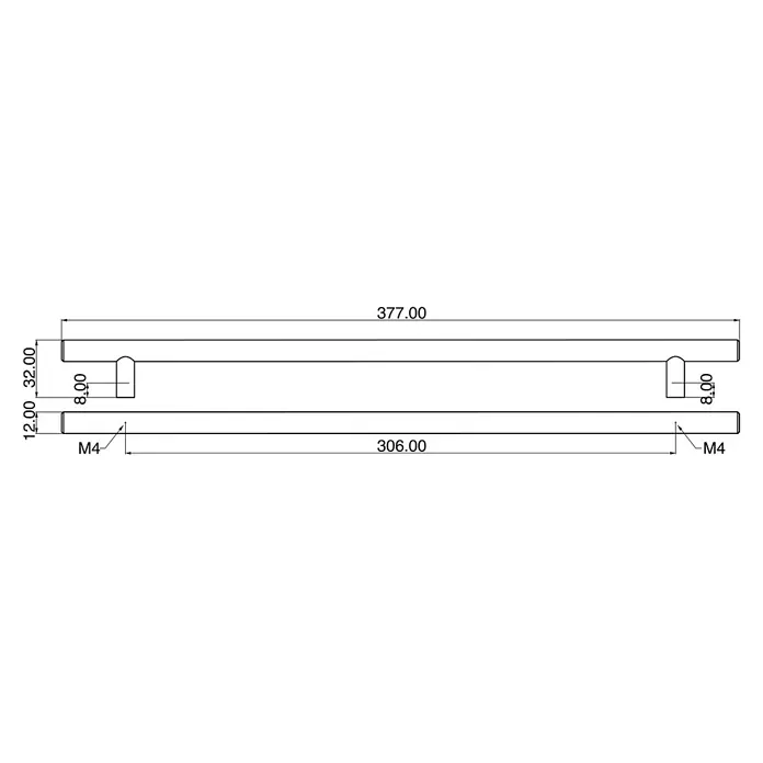 Rei Möbelgriff - Lochabstand: 306 mm, Stahl, Edelstahl, Rund, L x B x H: 376 x 12 x 32 mm - Technische Zeichnung eines Griffs: 377 mm Gesamtlänge, 306 mm Lochabstand, M4-Schrauben, 32 mm Ausladung.