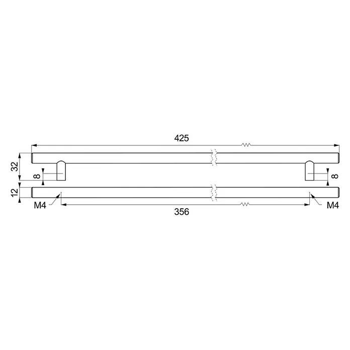 Rei Möbelgriff - Lochabstand: 356 mm, Stahl, Schwarz, Rund, L x B x H: 425 x 12 x 32 mm - Technische Zeichnung eines rechteckigen Möbelgriffs, 425mm lang, Höhe 32mm, mit 356mm Lochabstand für M4-Schrauben.