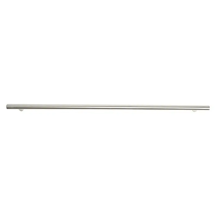 Rei Möbelgriff - Lochabstand: 356 mm, Stahl, Edelstahl, Rund, L x B x H: 425 x 12 x 32 mm - Silberne Metallschiene mit gebürsteter Oberfläche und kleinen Stützfüßen.