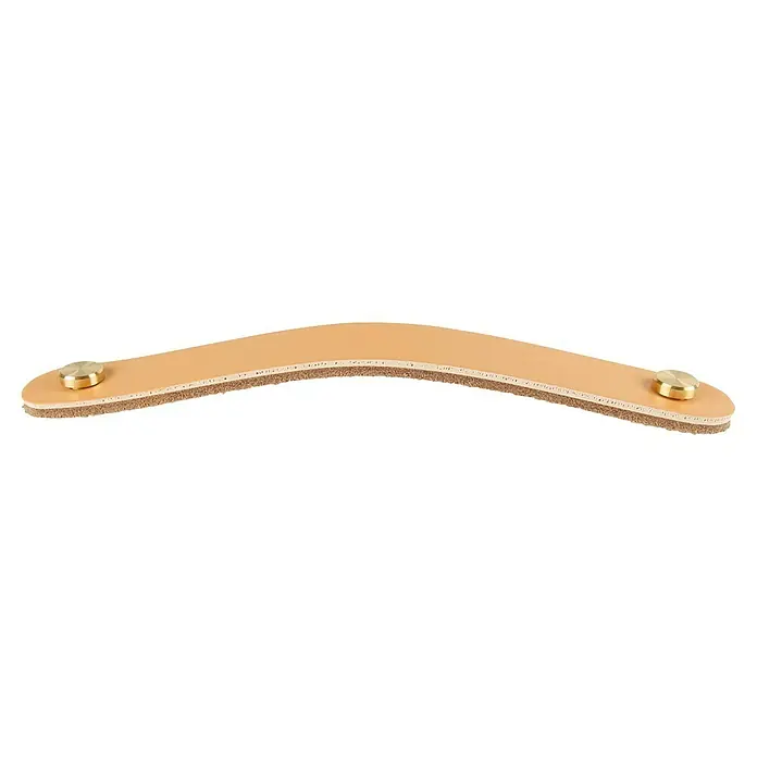 Rei Möbelgriff - Länge: 160 mm, Leder, Creme - Gebogener hellbrauner Ledergriff mit Messingbefestigungen.