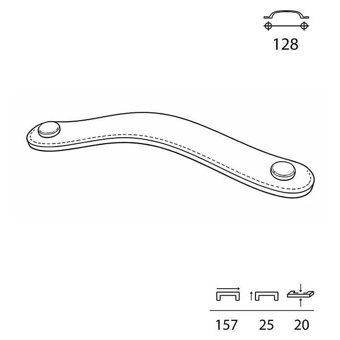 Rei Möbelgriff - Länge: 157 mm, Lochabstand: 128 mm, Leder, Braun - Geschwungener Zuggriff aus flexiblem Material mit zwei runden Befestigungen. Lochabstand 128mm, Gesamtlänge 157mm, Höhe 25mm, Tiefe 20mm.