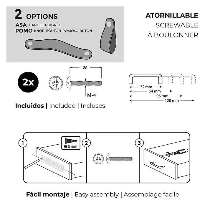 Rei Möbelgriff - Länge: 160 mm, Leder, Creme - Zwei graue, flexible, schraubbare Möbelgriffe/-knöpfe: ein gebogener Griff und ein Schlaufenknopf. M-4 Schrauben sind enthalten.