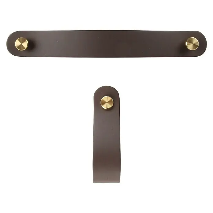 Rei Möbelgriff - Länge: 160 mm, Leder, Creme - Dunkelbraune Ledergriffe mit Messingknöpfen.