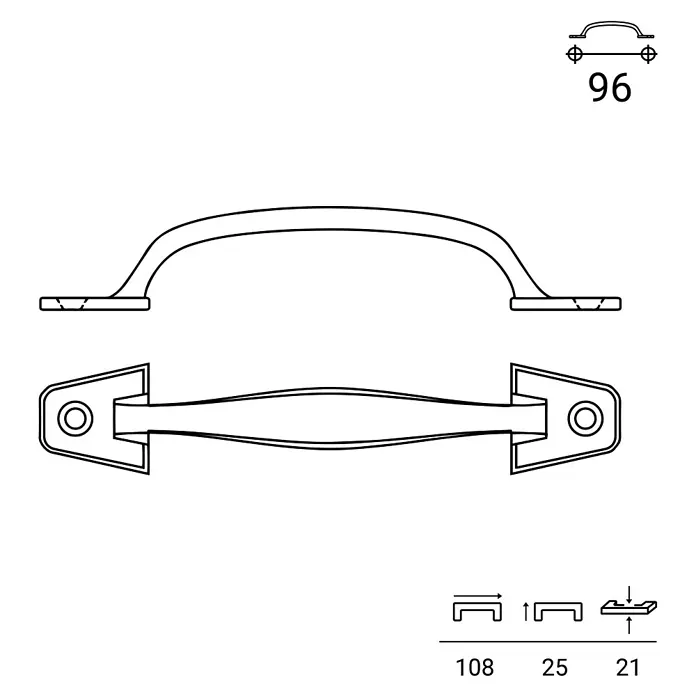 Rei Möbelgriff - Lochabstand: 96 mm, Sonstige, Schwarz, L x B x H: 108 x 21 x 25 mm - Technisches Diagramm eines gewölbten Möbelgriffs mit 96 mm Bohrabstand, Vorder-, Draufsicht und Hauptmaßen.