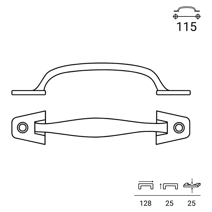 Rei Möbelgriff - Lochabstand: 115 mm, Aluminium, Schwarz - Linienzeichnung eines gebogenen Griffs mit Montageplatten, Vorder- und Draufsicht. Maße: 128mm Länge, 25mm Höhe, 25mm Breite.