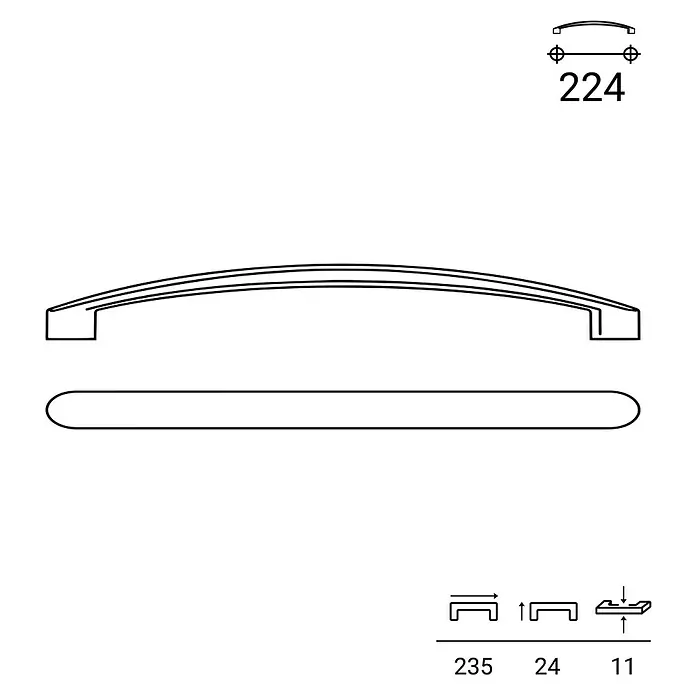Rei Möbelgriff - Lochabstand: 224 mm, Sonstige, Schwarz, L x B x H: 235 x 12 x 25 mm - Technische Zeichnung eines gewölbten Möbelgriffs mit Maßen für Lochabstand (224mm), Gesamtlänge (235mm), Höhe (24mm) und Ausladung (11mm).