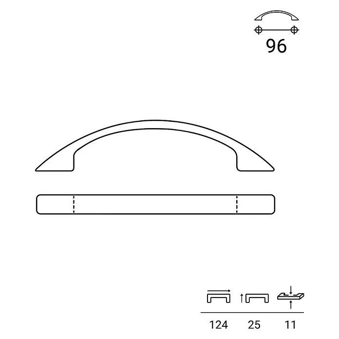 Rei Möbelgriff - Lochabstand: 96 mm, L x B x H: 124 x 11 x 25 mm, Chrom, Matt - Technische Zeichnung eines gekrümmten Schubladengriffs, zeigt Abmessungen einschließlich 96mm Lochabstand.