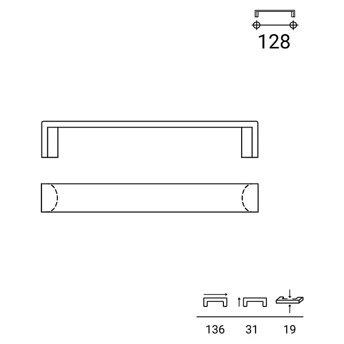 Rei Möbelgriff - Lochabstand: 128 mm, Sonstige, Nickel, L x B x H: 136 x 20 x 30 mm - U-förmiger Möbelgriff mit den Maßen: 136 mm Länge, 31 mm Höhe, 19 mm Tiefe und 128 mm Lochabstand.