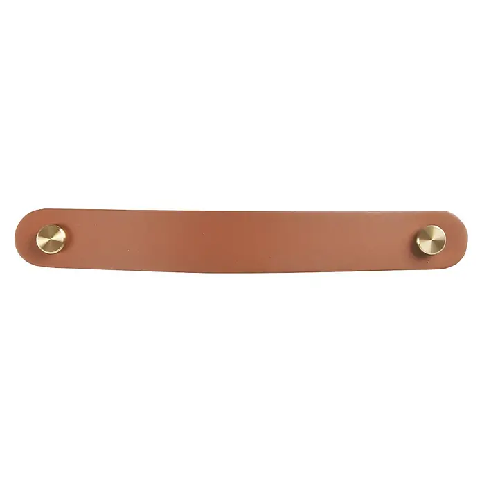 Rei Möbelgriff - Länge: 157 mm, Lochabstand: 128 mm, Leder, Braun - Brauner Lederriemen mit zwei Messingnieten.