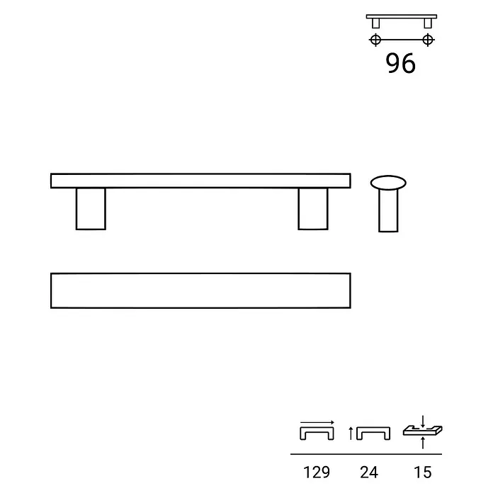 Rei Möbelgriff - Lochabstand: 96 mm, Sonstige, Schwarz, L x B x H: 129 x 15 x 24 mm - Technische Zeichnung eines Stangengriffs und Knaufs mit Ansichten und Maßen: 96 mm Lochabstand, 129 mm Länge, 24 mm Ausladung, 15 mm Stärke.