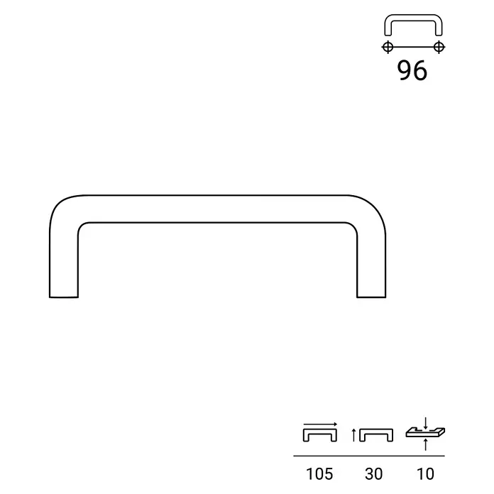 Rei Möbelgriff - Lochabstand: 96 mm, Sonstige, Gold, L x B x H: 105 x 10 x 30 mm - Linienzeichnung eines U-förmigen Möbelgriffs mit Maßen 105x30x10 mm und 96 mm Lochabstand.
