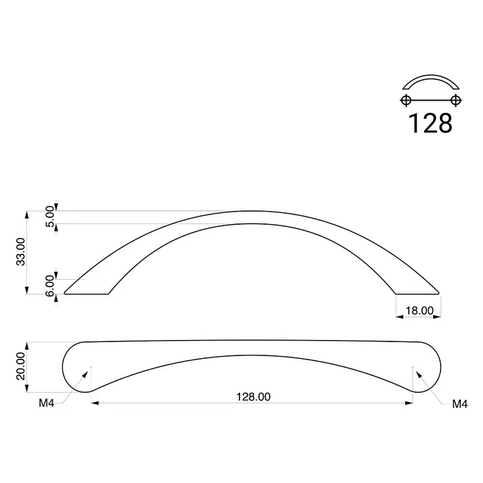 Rei Möbelgriff - Lochabstand: 128 mm, Sonstige, Weiß - Technische Zeichnung eines gewölbten Möbelgriffs mit 128mm Lochabstand (M4). Maße 128x33x20mm.