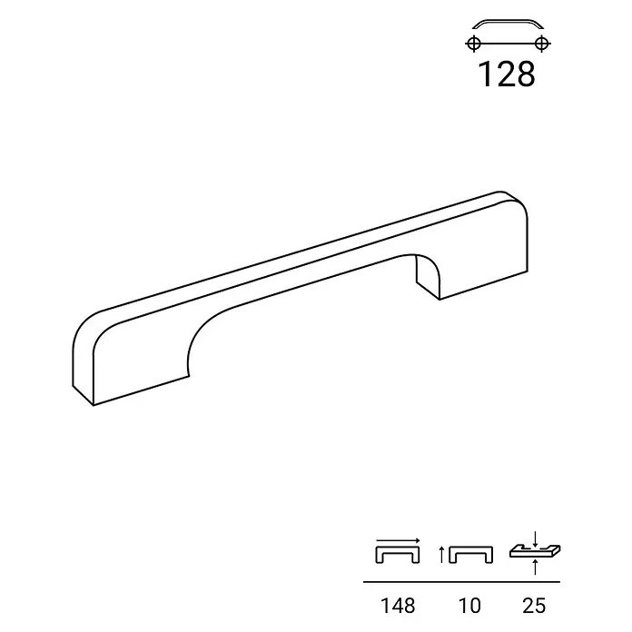 Rei Möbelgriff - Lochabstand: 128 mm, Aluminium, Schwarz, Elegant - Gebogener, moderner Bügelgriff für Möbel. Technische Zeichnung mit Abmessungen.