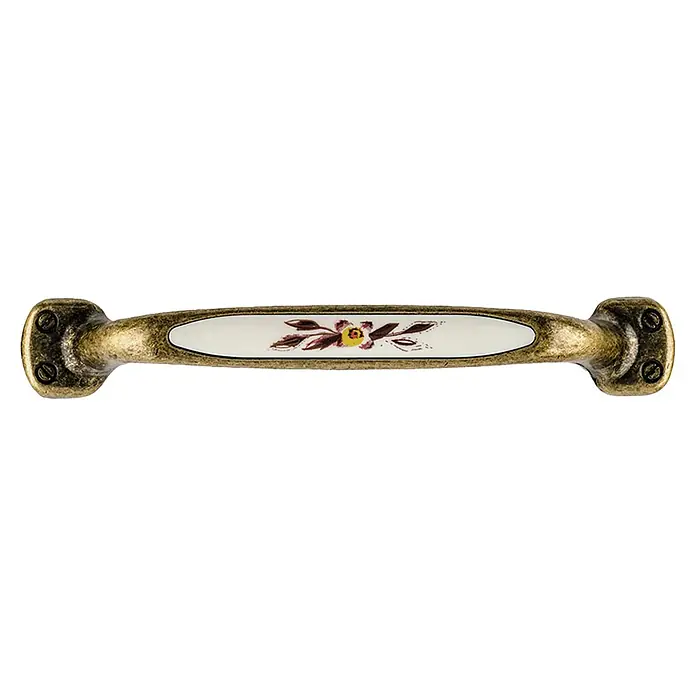 Rei Möbelgriff - Lochabstand: 64 mm, Porzellan, Antikes Messing, L x B x H: 128 x 20 x 26 mm - Schubladengriff aus antikem Messing mit weißer Keramikeinlage und Blumenmuster.