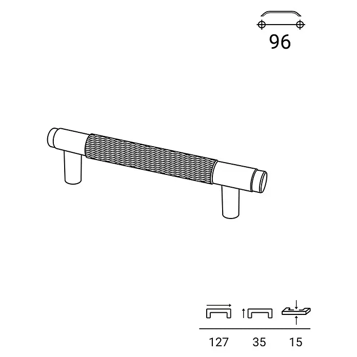 Rei Möbelgriff - Lochabstand: 96 mm, Aluminium, Graphit, Trend - Strichzeichnung eines Möbelgriffs mit gerändeltem Griff und 96mm Bohrabstand.