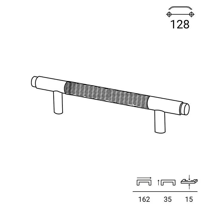 Rei Möbelgriff - Lochabstand: 128 mm, Aluminium, Schwarz, Trend - Schwarze Strichzeichnung eines zylindrischen Griffs mit strukturierter Greiffläche. Maße: 128 mm Lochabstand, 162 mm Gesamtlänge, 35 mm Ausladung.
