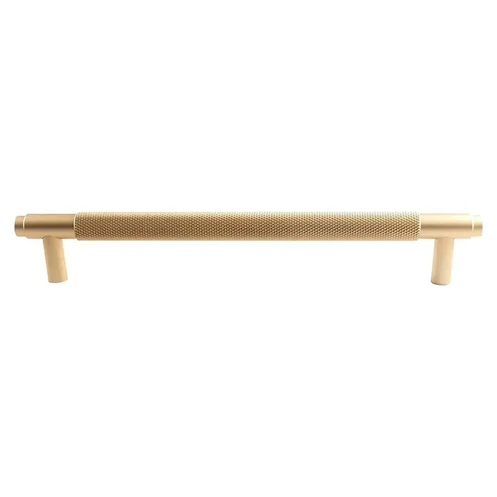 Rei Möbelgriff - Lochabstand: 192 mm, Aluminium, Gold, Trend - Goldfarbener Messinggriff mit gerändeltem Griffbereich und glatten Zylinderbeinen für Schränke oder Schubladen.