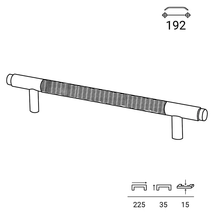 Rei Möbelgriff - Lochabstand: 192 mm, Aluminium, Gold, Trend - Strichzeichnung eines strukturierten Möbelgriffs. Lochabstand 192mm. Gesamtlänge 225mm, Ausladung 35mm, Breite 15mm.