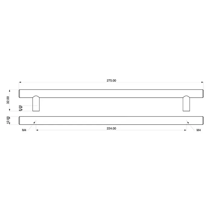 Rei Möbelgriff - Lochabstand: 224 mm, Stahl, Schwarz, Rund, L x B x H: 276 x 12 x 32 mm - Gerader Schrankgriff, 275 mm Gesamtlänge, 224 mm Lochabstand, M4-Schrauben.